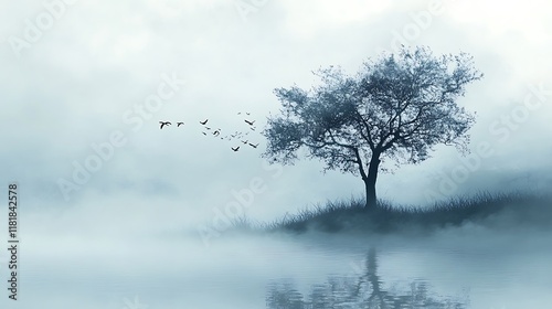 Solitary Tree Birds Fly Away Misty Lake
