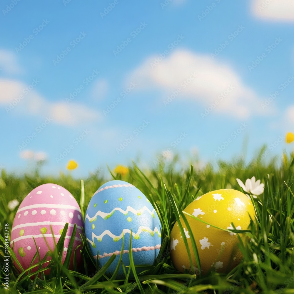 Fototapeta premium colorful easter eggs in green grass under blue sky background