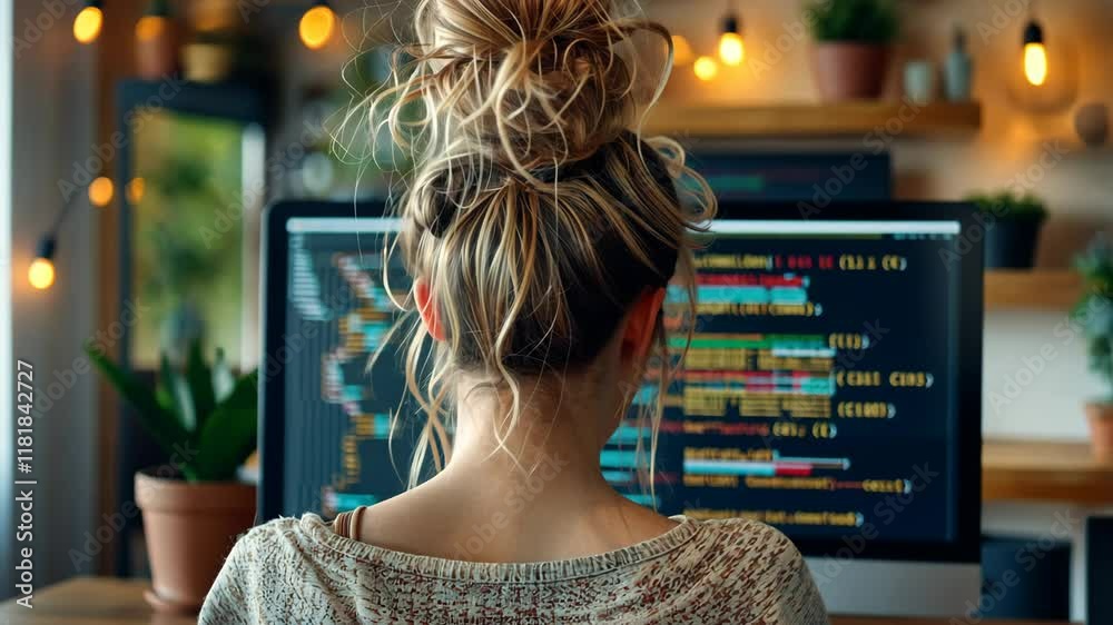 Female developer coding on a computer in an office
