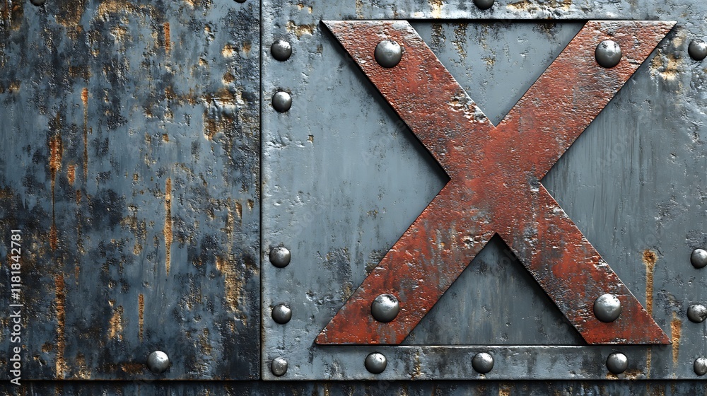 Fototapeta premium Rusty red X on riveted metal plate.