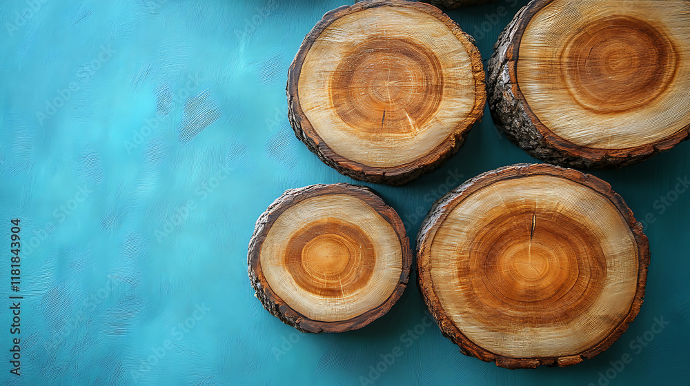 Natural Wooden Log Pieces Arranged on a Vibrant Blue Background Perfect for Rustic Designs and Nature-Inspired Projects Natural Wooden Log Pieces Arranged on a Vibrant Blue Background Perfect for Rustic Designs and Nature-Inspired Projects