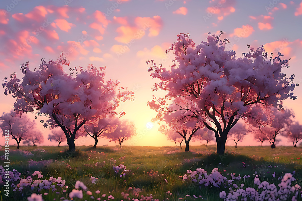 Blossoming Cherry Trees at Sunset Blossoming Cherry Trees at Sunset