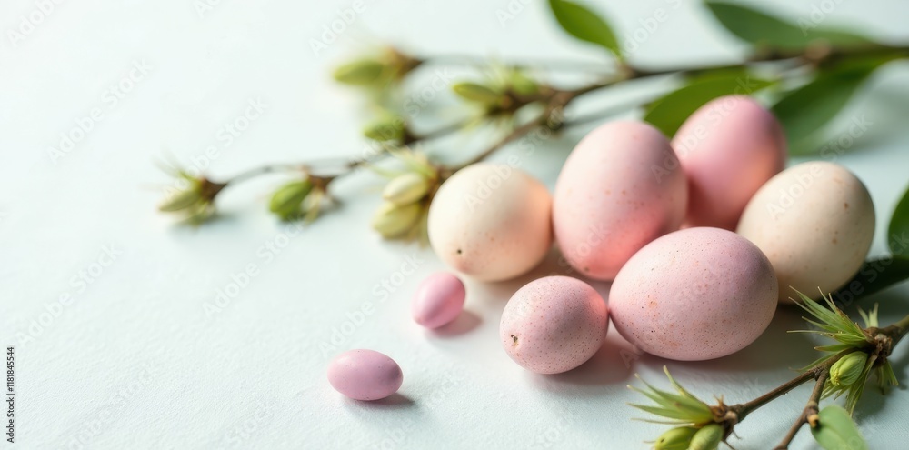 Softly colored eggs and a willow catkin arrangement on a clean white surface , light, simple, celebration Softly colored eggs and a willow catkin arrangement on a clean white surface , light, simple, celebration