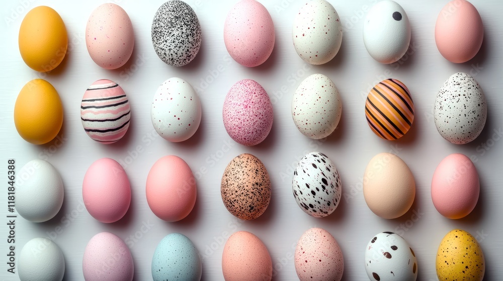 Symmetrical arrangement of pastel-colored Easter eggs in a minimalist style on a matte white background for a festive spring celebration Symmetrical arrangement of pastel-colored Easter eggs in a minimalist style on a matte white background for a festive spring celebration