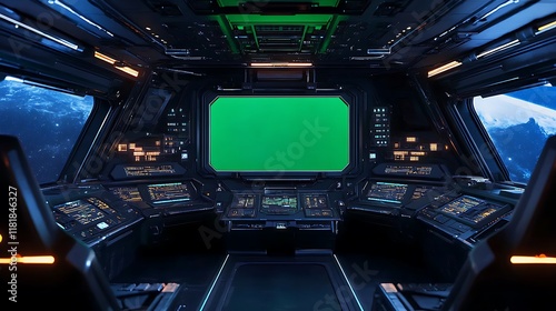 Fototapeta Naklejka Na Ścianę i Meble -  Spaceship cockpit with green screen and galaxy view.