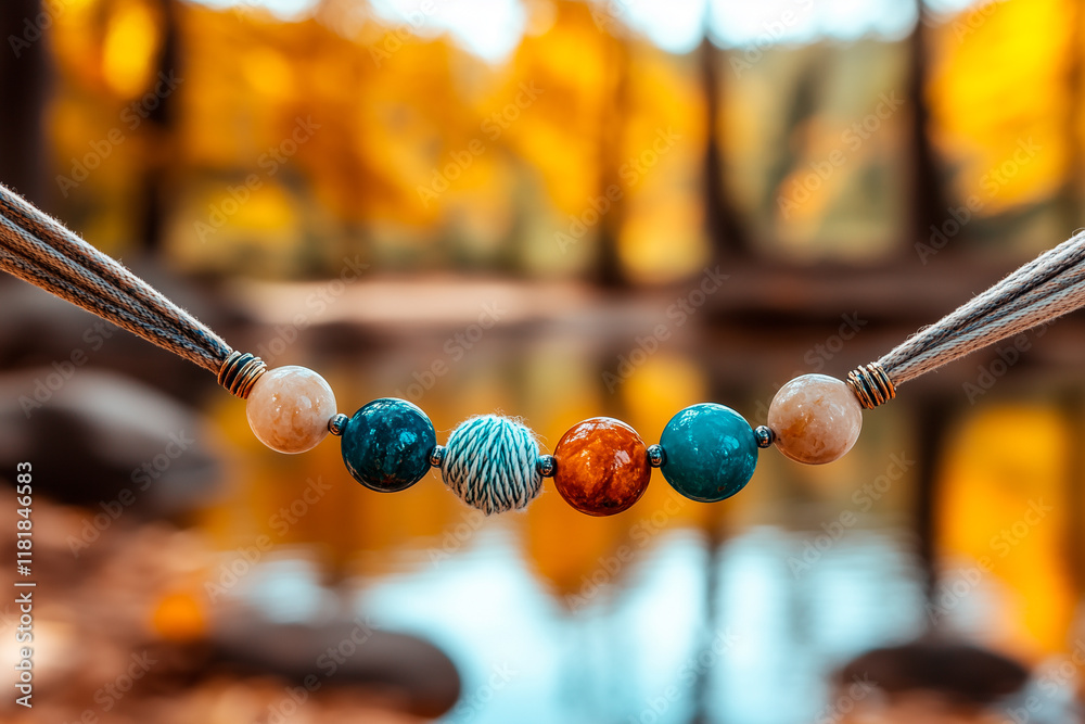 Necklace with Five Round Beads and Cord, Autumnal Background