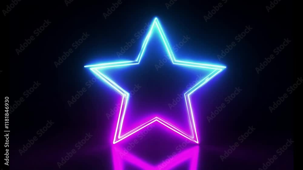 Colorful neon star light shines against a dark background at a nighttime event