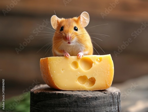 Mouse sitting on a piece of cheese showcasing its small size and curious behavior in a simple and playful setting. photo