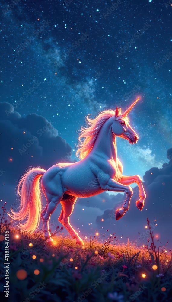 Sparkling unicorn prances under starry night sky with outstretched mane, twirling in joyful abandon, celestial, fantasy, night sky Sparkling unicorn prances under starry night sky with outstretched mane, twirling in joyful abandon, celestial, fantasy, night sky
