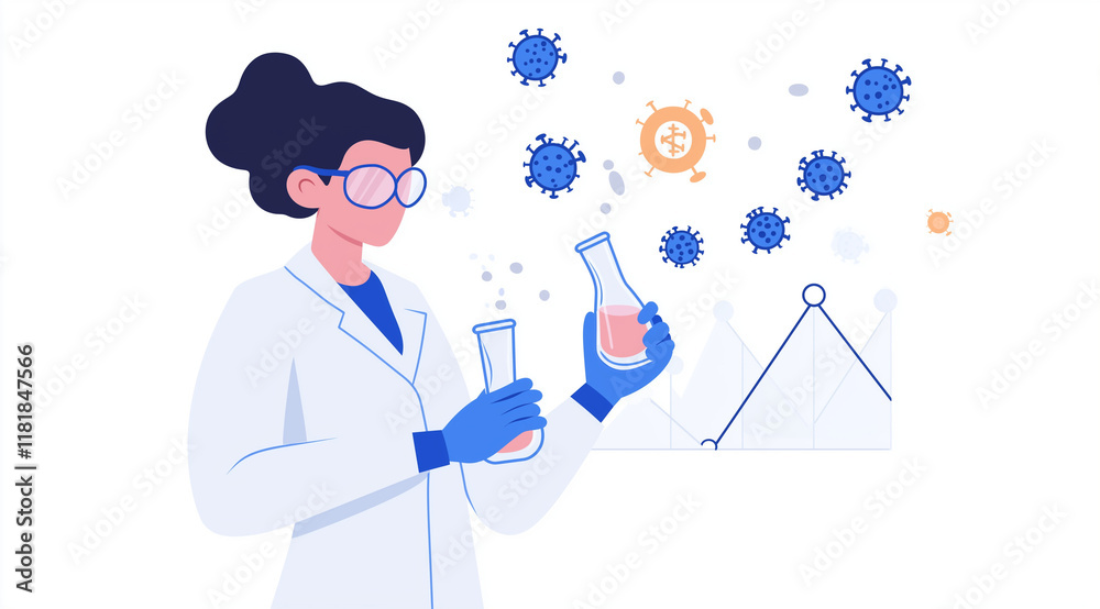 Scientist analyzing blue liquid in a test tube with a growing coronavirus graph on a transparent background, representing scientific progress and research. Scientist analyzing blue liquid in a test tube with a growing coronavirus graph on a transparent background, representing scientific progress and research.