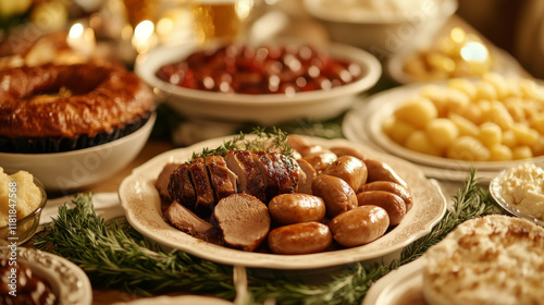 German cuisine tasty dinner with sausage and beer cartoon icon. Potato, cabbage and meat roll, salmon fish pie, beef steak and meatball, meat and fish labskaus, chocolate and fruit cake photo