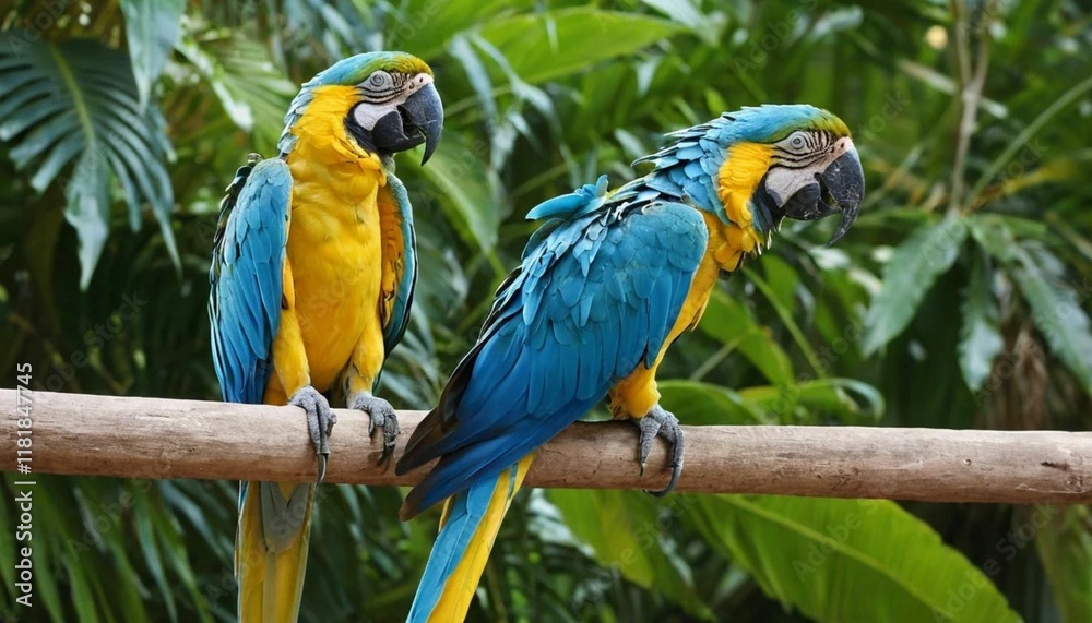 2 blue and yellow macaws perched on a tree branch in the aviary 2 blue and yellow macaws perched on a tree branch in the aviary