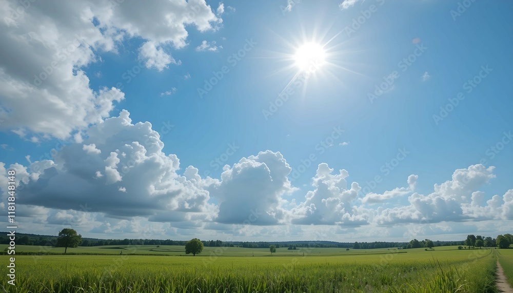 Tranquil Green Landscape with Blue Sky, flowers and Rolling Hills Tranquil Green Landscape with Blue Sky, flowers and Rolling Hills