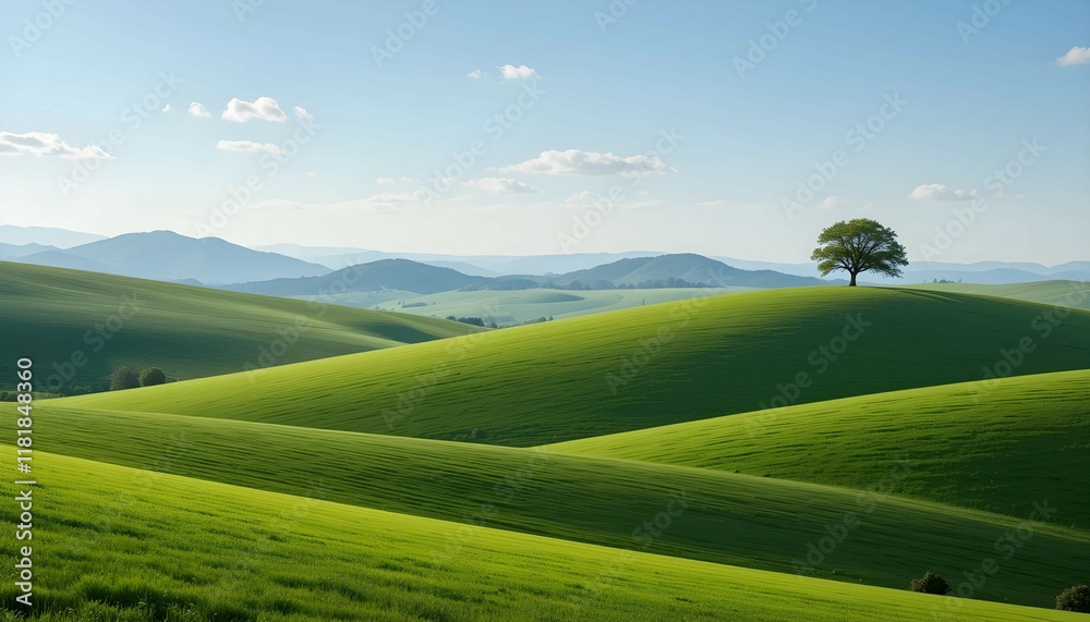 Tranquil Green Landscape with Blue Sky, flowers and Rolling Hills Tranquil Green Landscape with Blue Sky, flowers and Rolling Hills