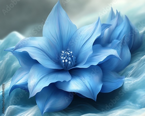 Two light blue stylized flowers on a wavy blue surface.