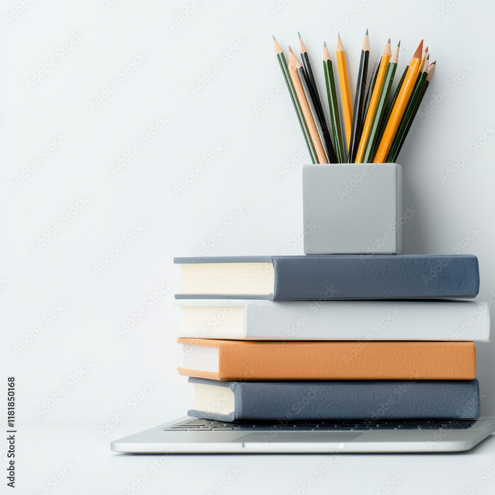 Fototapeta premium Stack of books and pencils on laptop for study inspiration isolated design on white background