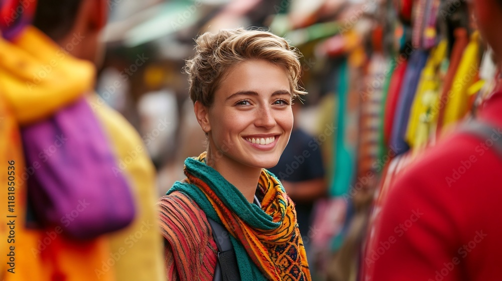 Delighted Traveler Exploring Vibrant Craft Bazaar with Local Artisans Delighted Traveler Exploring Vibrant Craft Bazaar with Local Artisans