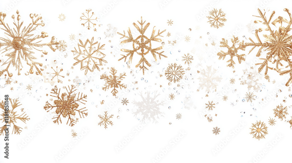 Winter snowfall background with ornamental snowflakes. Christmas or New Year holidays monochrome backdrop with different size and shape snowflakes falling on transparent vector background