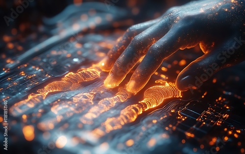 Glowing hand interacts with futuristic technology.