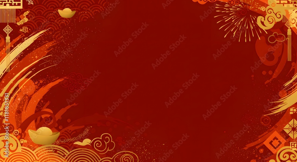Chinese New Year Red and Gold Decorative Background with Fireworks and Ingots Chinese New Year Red and Gold Decorative Background with Fireworks and Ingots