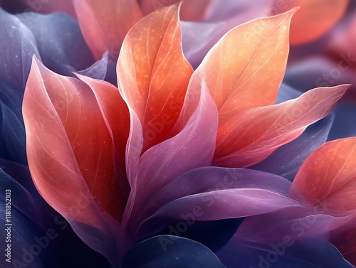 Dreamlike, translucent leaves in coral, purple, and blue hues.