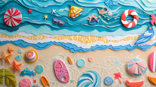 Top View of Summer Beach with Umbrellas, Balls, Swim Ring, Sunglasses, and Accessories in Paper Craft Style. photo