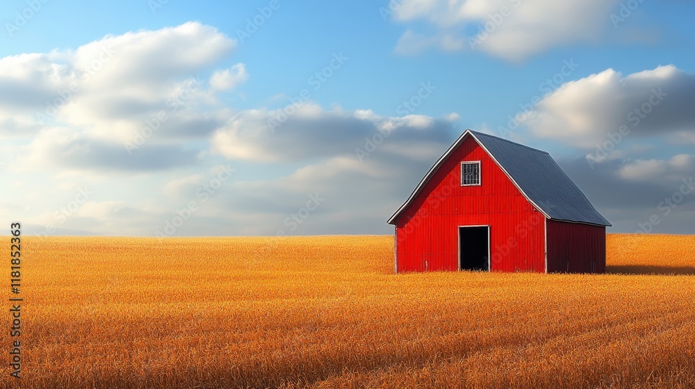 A charming red barn house in the middle of golden fields.