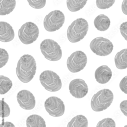 Fingerprints seamless linear pattern on white background. Personality identification vector icons ornament design. Monochrome illustration