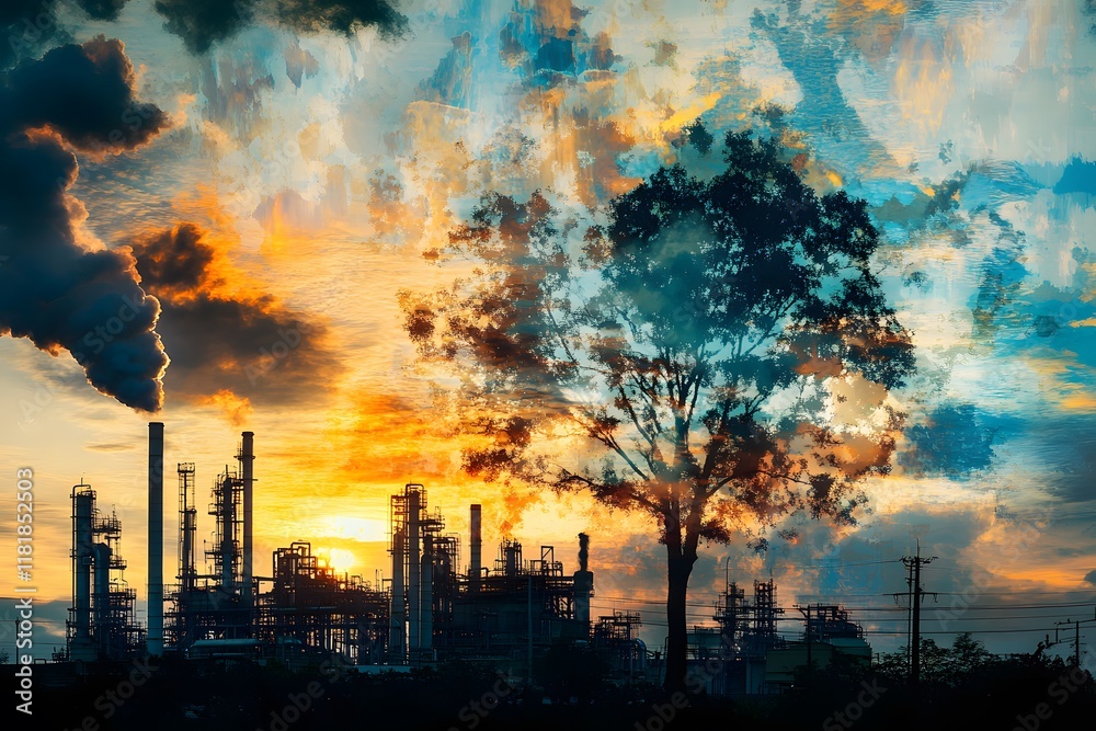 A conceptual image where pipes and flares form the abstract shape of a tree, symbolizing the intersection of nature and industry, with a vibrant sunset in the background.