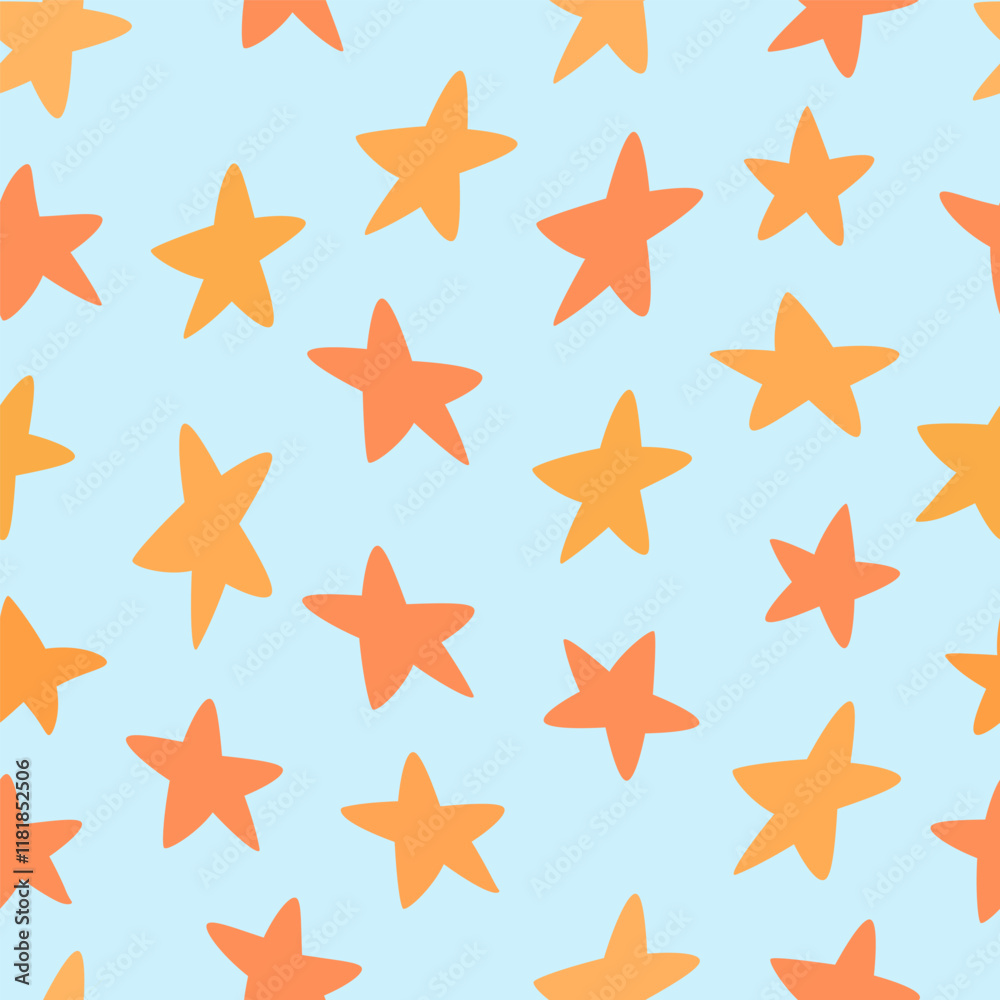 Orange stars seamless pattern on blue background. Childish celestial bodies vector icons ornament creative design. Pastel color illustration Orange stars seamless pattern on blue background. Childish celestial bodies vector icons ornament creative design. Pastel color illustration