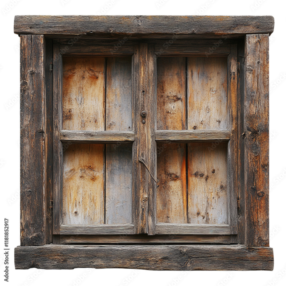A weathered wooden cabinet with four shelves and two doors. A weathered wooden cabinet with four shelves and two doors.