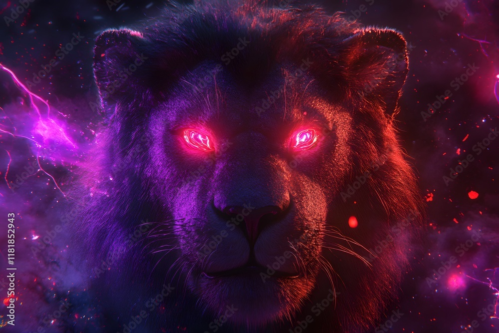 Naklejka premium Fiery Lion Glows in Neon Night