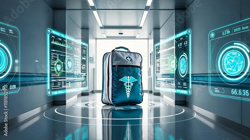 Futuristic Medical Backpack with Holographic Displays Showcasing Advanced Healthcare Data in a Modern Environment

 photo