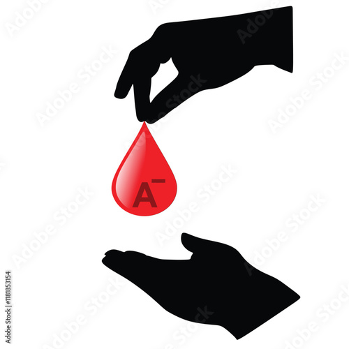 Hand give blood A- to hand of patient, Donate Concept Vector Illustration. Blood donation day concept. Human donates blood. Blood bank concept. Vector illustration in flat style.