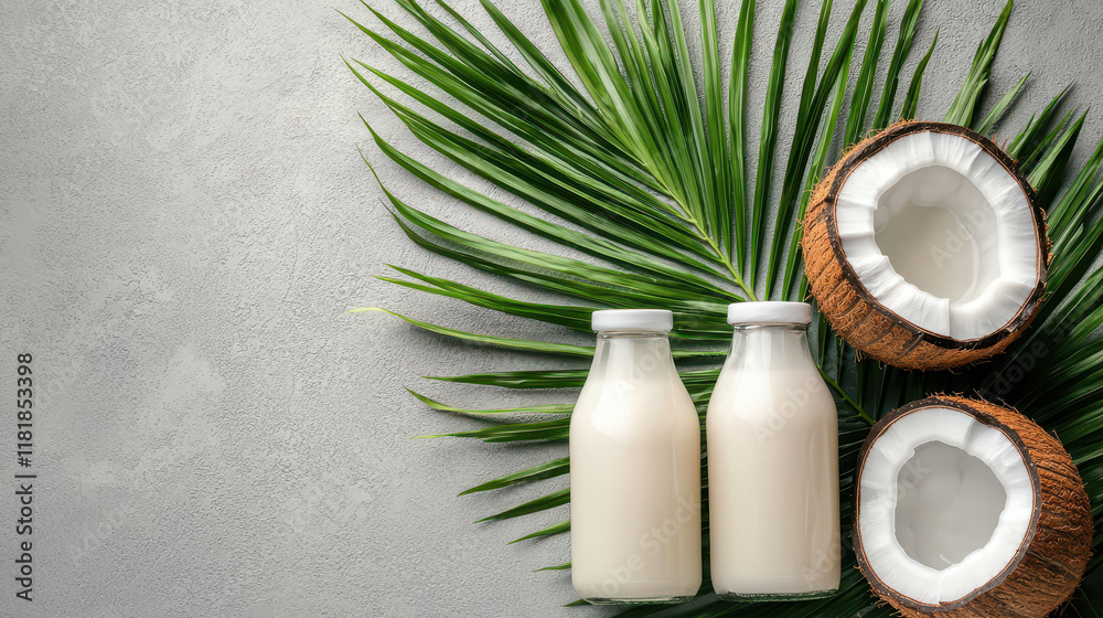 Coconut milk in small bottles beside whole coconuts on palm leaves Coconut milk in small bottles beside whole coconuts on palm leaves