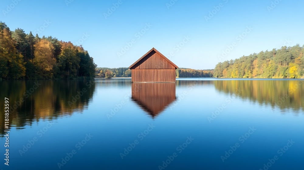 Obraz premium A Peaceful Lake Reflecting a Rustic Boathouse Serving as an Idyllic Office Background