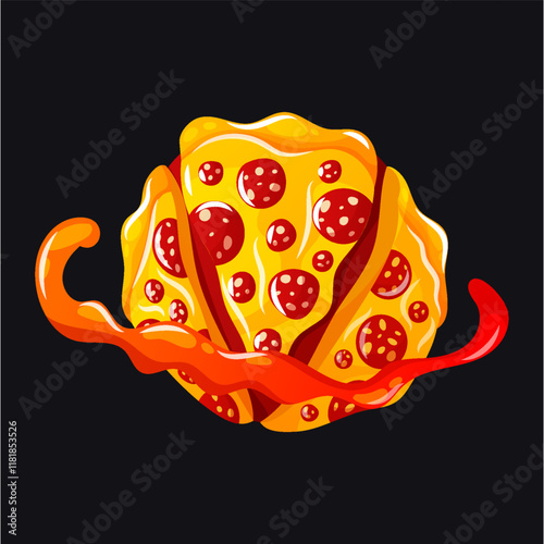 Wallpaper Mural Bright vector design of a round planet made of cheese pizza with vibrant pepperoni and swirling red sauce. Torontodigital.ca