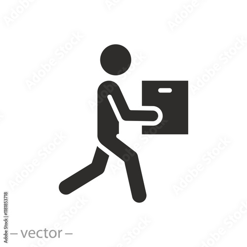 moving man with box, courier delivery concept, icon, person holding in hand package, flat web symbol on white background