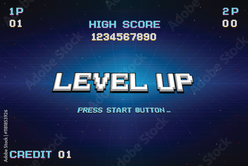 LEVEL UP. press start button. pixel art. 8 bit game. retro game. for game assets in vector illustrations.