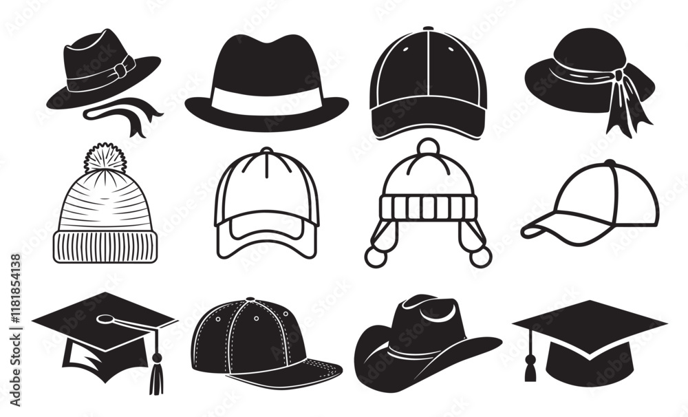 Hat Silhouette Design Bundle, Cap icon set. Hat Silhouette Design Bundle, Cap icon set.