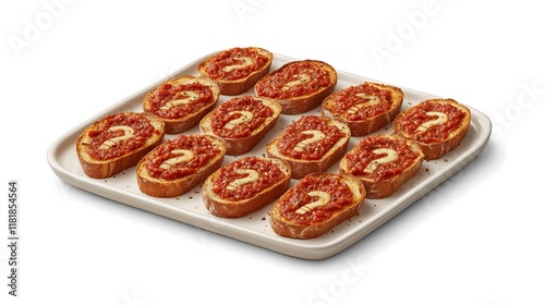 Twelve toasted bread slices with tomato topping and question mark design.