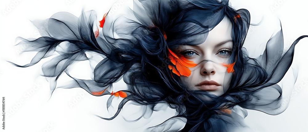Fototapeta premium Woman with flowing dark hair and orange fish.