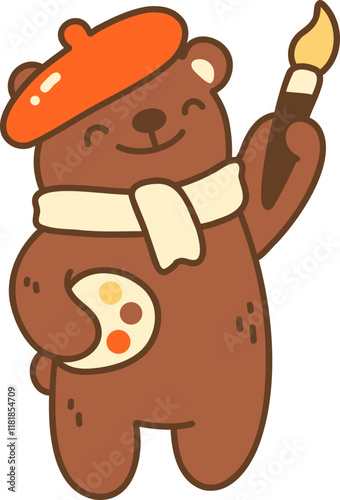Cute bear artist with beret and paintbrush