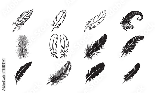 Feathers Silhouette Design Bundle, Feathers icon set.