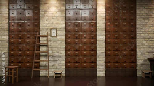 Old office with a lot of wooden drawers, 3D animation