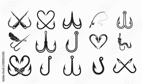 Fishing Hook Silhouette Design Bundle, Hook icon set.