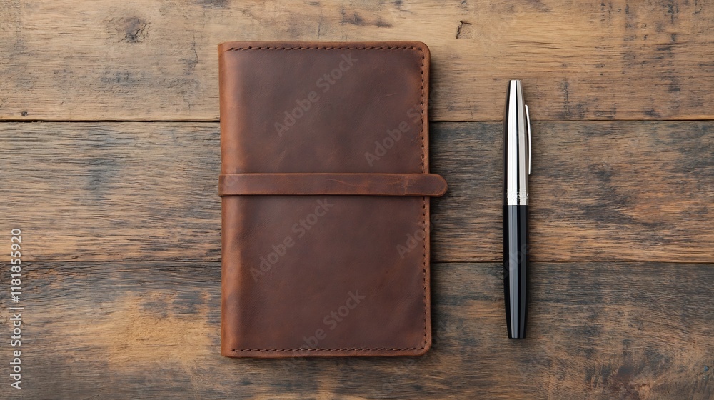 Travel journal and pen on a rustic wooden table with a cup of coffee Travel journal and pen on a rustic wooden table with a cup of coffee