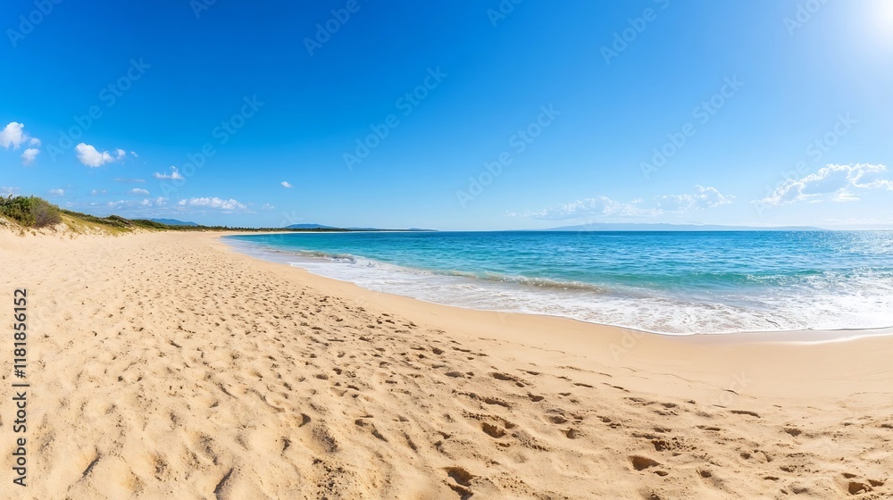 Footprints leading to the tranquil ocean under a bright sunny sky Footprints leading to the tranquil ocean under a bright sunny sky