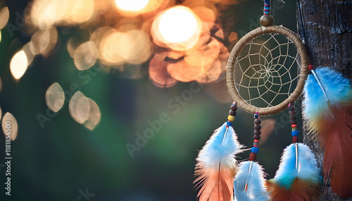 Dreamcatcher with colorful feathers, closeup, soft bokeh light, cultural and dreamy background