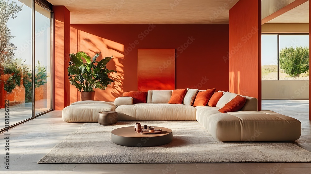 Luxurious and contemporary living space featuring a plush modular sofa a low profile wooden coffee table and abundant greenery all bathed in a warm Luxurious and contemporary living space featuring a plush modular sofa a low profile wooden coffee table and abundant greenery all bathed in a warm